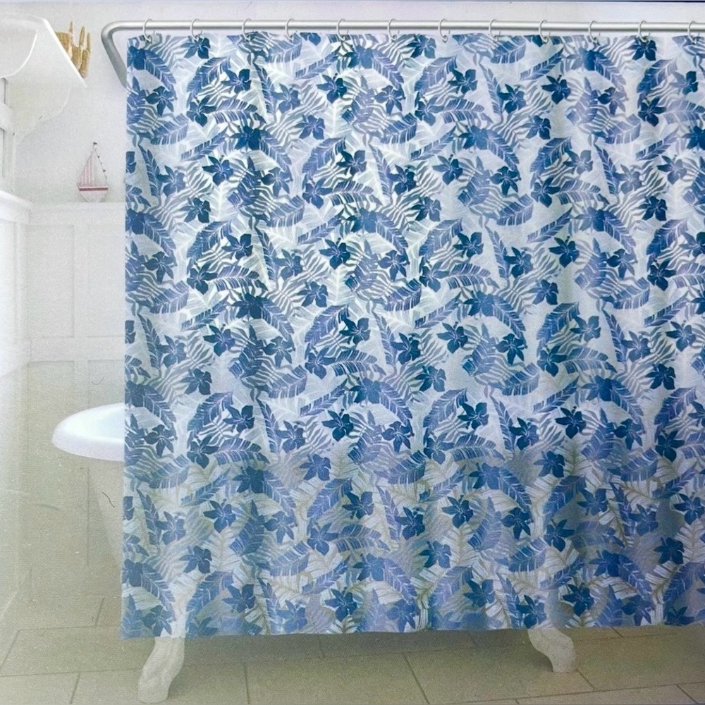 Blue Floral Tropical PEVA Shower Curtain Semi-Clear Liner Island Flowers NEW NWT - Picture 2 of 6